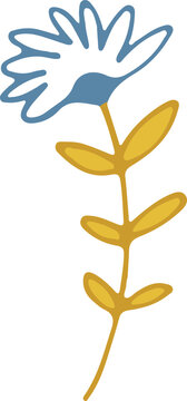 Decorative blue flower with yellow leaves, decorative hand-drawn chamomile illustration