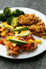 Spicy TVP Cutlets with Mango Salsa, Mexican Rice and Broccoli