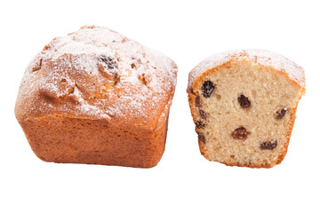 Sweet bread with raisins sprinkled with powdered sugar isolated on white