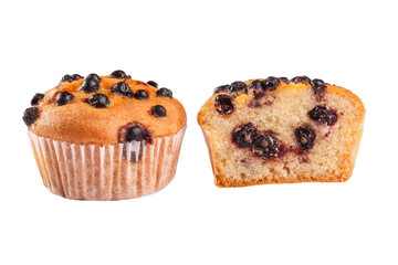 Whole and cut in half blueberry muffin isolated on white background