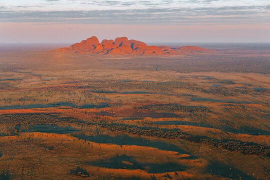 AUSTRALIA,22 September 2016:Kata Tjuta at sunrise from above, Northern Territory