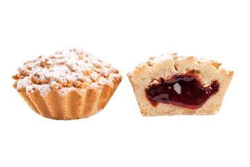 Shortcrust baskets with grated pastry crust filled with berry jam isolated on white