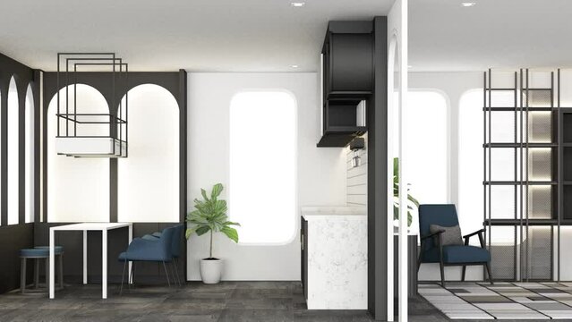 blue interior art minimalist style in the living dining  working. blue color material and gray cloth on concrete tile floor and arched walkways with large windows  3d render animation loop