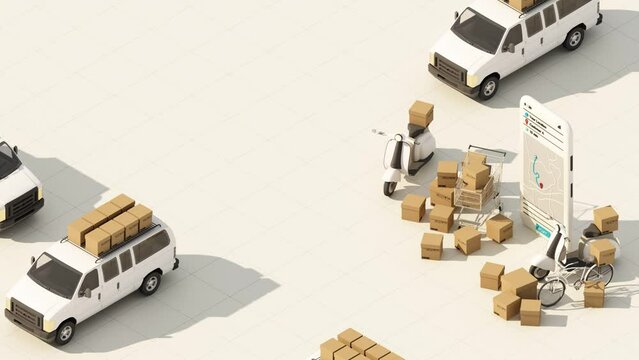 Fast delivery by scooter bike and van with mobile. E-commerce concept. Online food and shopping crate box order with route map. Webpage, app design. white brown background. animation looped 3d render