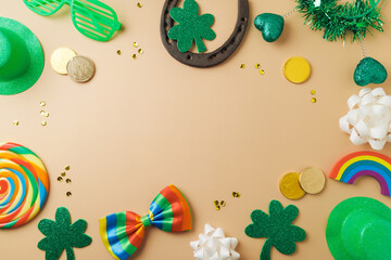 St Patrick's day holiday frame border background with lucky charms, shamrock and  rainbow. Top view, flat lay