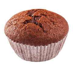 Chocolate muffin in paper baking cup isolated on white background
