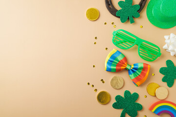 Happy St Patrick's day holiday background with lucky charms, shamrock and  rainbow. Top view, flat...