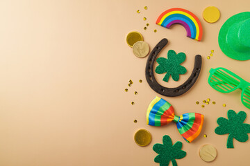 St Patrick's day holiday background with lucky charms, shamrock and  rainbow. Top view with copy...