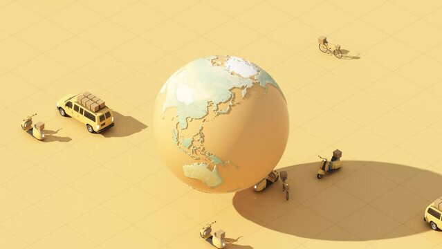 Fast delivery by scooter bike and van with globe planet sphere earth concept. Online food and shopping order with route map. Webpage, app design. yellow background isometric 3d render animation looped