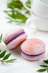 Cake macarons stuffed with currants and white chocolate. Delicious French dessert for coffee drinking.