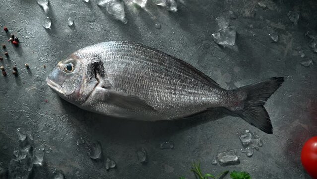 Seasoning Gilthead Bream Fish Ready to Cook - Table Top View, Slow Motion
