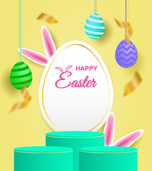Happy easter theme product display podium. Colorful easter egg on yellow background. Vector.