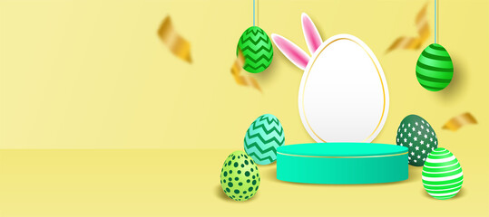 Happy easter theme product display podium. Colorful easter egg on yellow background. Vector.