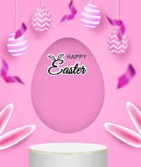 Happy easter theme product display podium. Colorful easter egg on pink background. Vector.