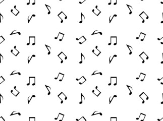 Abstract. Music notes melody pattern seamless background. Black notes symbols on white background. Vector.