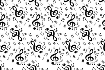 Fototapeta na wymiar Abstract. Music notes melody pattern seamless background. Black notes symbols on white background. Vector.