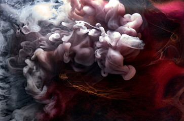 Black and red ink background, colorful fog, abstract swirling ocean, acrylic paint pigment...