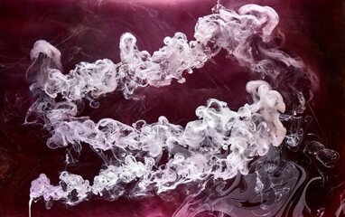 Black and red ink background, colorful fog, abstract swirling ocean, acrylic paint pigment...