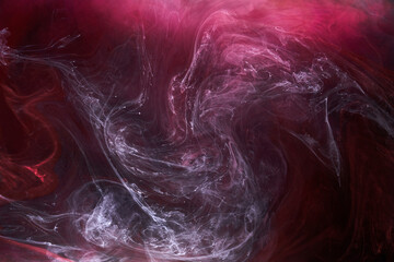 Black and red ink background, colorful fog, abstract swirling ocean, acrylic paint pigment underwater, white smoke