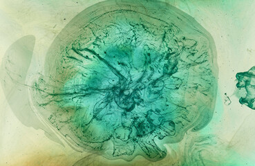 Green smoke on white ink background, colorful fog, abstract swirling emerald ocean sea, acrylic...