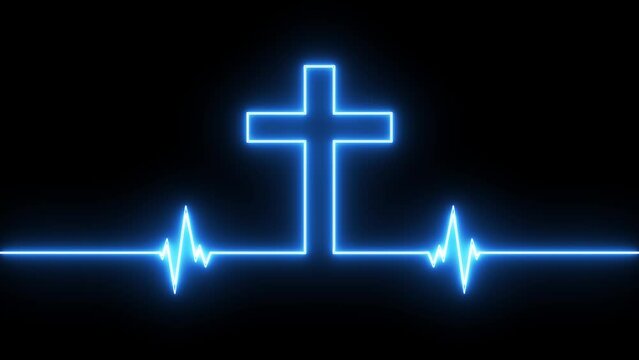 Animation of the cross of Jesus Christ illuminated with neon. Cross of Jesus and Electrocardiogram in animation. Religious video, Gospel of Jesus. The blue cross with a black background. Peace, hope, 