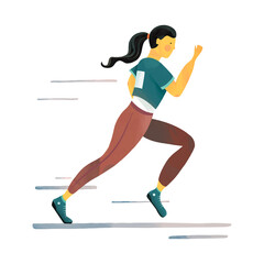 Fototapeta na wymiar Young woman with black hair running marathon. Flat illustration with textures on white background