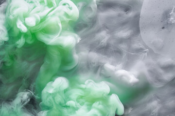 Green smoke on white ink background, colorful fog, abstract swirling emerald ocean sea, acrylic...