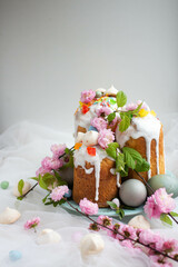 Light Easter. Easter cakes and eggs with flowers. sakura, spring blooming