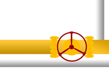 Yellow pipe with ball valve, red round handwheel for control. Piping system illustration. Valve for water, oil and gas.