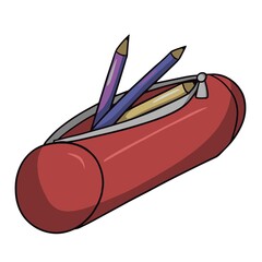 Vector illustration, red pencil case for written school subjects, colored pens and pencils in a pencil case
