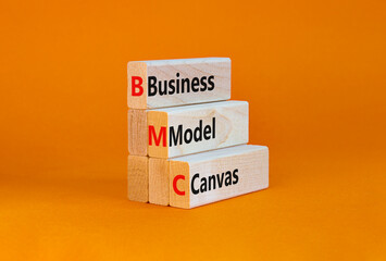 Naklejka premium BMC business model canvas symbol. Concept words BMC business model canvas on blocks on a beautiful orange table, orange background. Business and BMC business model canvas concept. Copy space.