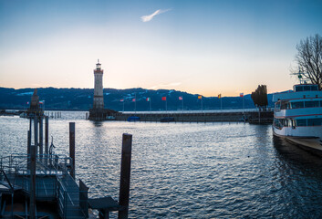 Panoramic view of Harbor by the town of Lindau by Lake Constance