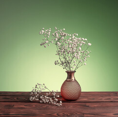 gypsophila flowers in vase on green background