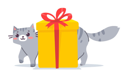 Vector cute illustration of happy gray striped cat and gift box with bow on white color background. Flat style design of animal cat character with present