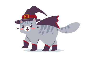 Vector illustration of happy cute striped gray cat character in witch hat and boots on white color background. Flat line art style design of walking animal cat
