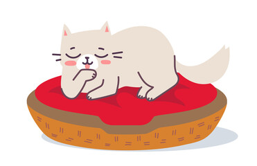 Vector illustration of lying happy cat character on red pillow in basket on white color background. Flat line art style design of cleaning and relaxing cute animal cat