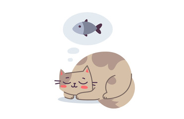 Vector illustration of happy cute sleeping cat character and dreaming of fish on white color background. Flat line art style design of curled up in a ball animal cat