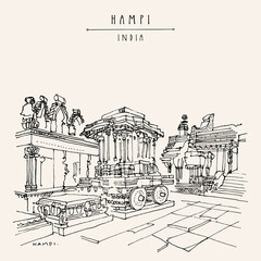 Vector Hampi postcard. Karnataka, India. Vijayanagara Empire 14th century capital. Ancent Vittala (Vitthala) temple. Heritage travel sketch. Vintage hand drawn travel postcard, poster illustration