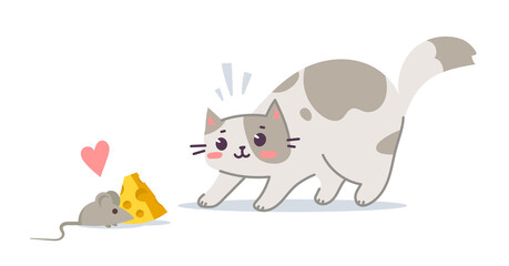 Vector illustration of happy cute spotted cat character and mouse stealing cheese on white color background. Flat line art style design of cute animal cat