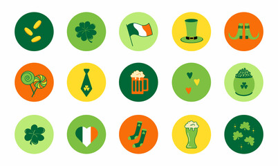 Set of vector modern flat design circle icons on Happy Saint Patrick's Day featuring Ireland flag, coins, clover leaves, horseshoe, leprechaun hat, pot of gold, pint of beer