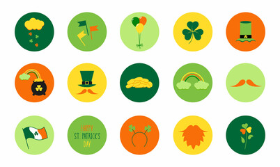 Set Of St. Patrick's Day Flat Icons in Circles. St. patrick's day trendy stickers in cartoon style. Ideal for banner, poster, advertising, social media. Leprechaun, gold, luck, beard, boots