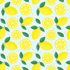 Vector fruity lemon seamless pattern. Tropical fruit summer background. - obrazy, fototapety, plakaty