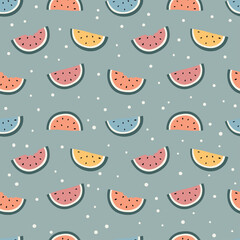 Vector watermelon fruit seamless pattern on turquoise background. Vintage style. Tropical fruit summer background.