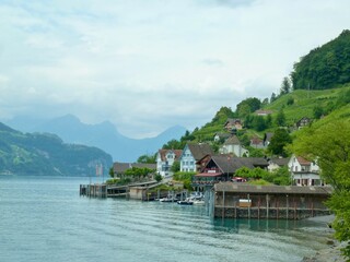Fototapeta na wymiar Charming wine village Quinten situated at Lake Walen, St. Galen, Switzerland.