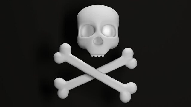 White skull and bones on a black background. Abstract loop animation