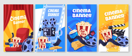 Fototapeta na wymiar Collection cinema poster with place for text vector isometric film placards with retro camera