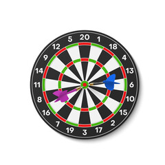 Realistic darts board with arrows in center vector dartboard goal in bullseye competition