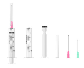 Collection realistic medical syringe and component parts for assembly vector illustration