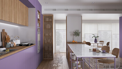 Cozy liliac and wooden kitchen in modern apartment, Island with stools, parquet. Oven, stove, sink and accessories, hob with pots, breakfast. Contemporary interior design concept