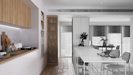 Architect interior designer concept: hand-drawn draft unfinished project that becomes real, kitchen, Island with stools, parquet. Oven, stove, sink and accessories, hob with pots